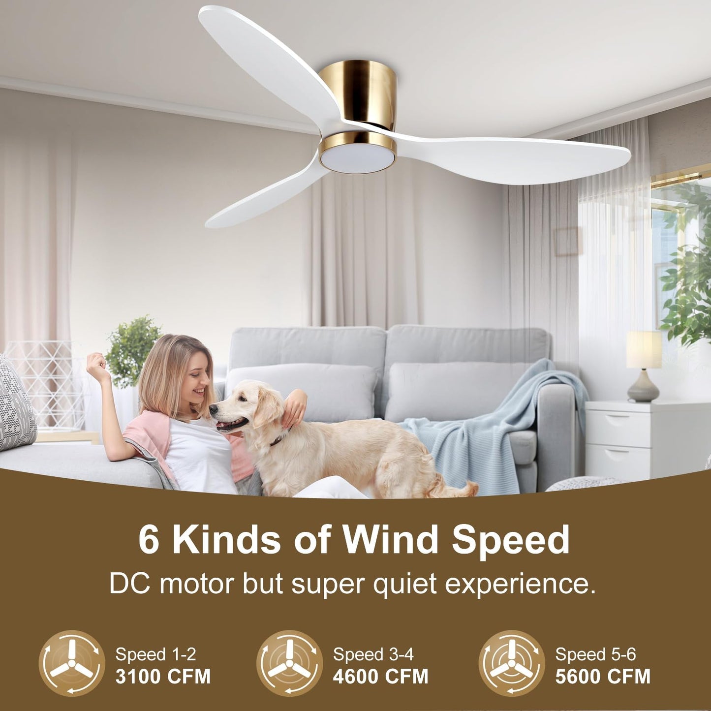 reiga 52 Inch Flush Mount White Ceiling Fan with Light Remote Control, Quiet DC Motor Low Profile 3 Wood Blade Modern Ceiling Fans for Patio Kitchen Living Room Bedroom