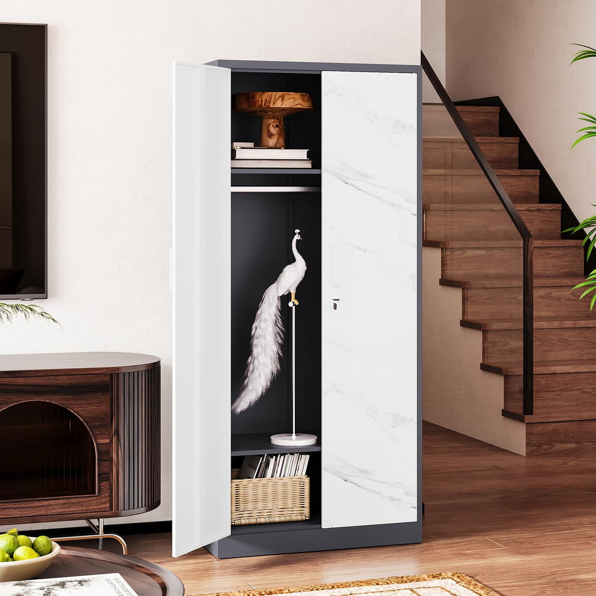 Letaya Wardrobe Closet, 72" H Clothing Storage Cabinet with Adjustable Shelves and Hanging Rod, Bedroom Armoire Clothes Organizer (White Gray) Letaya