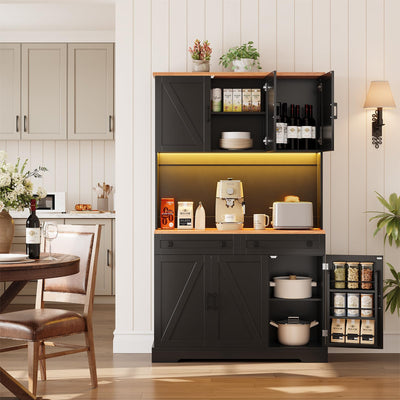 ELYKEN 71" Pantry Cabinet with Charging Station & LED Lights, Tall Kitchen Pantry with Hutch, Microwave Stand, Farmhouse Pantry with Door Shelf & Drawer & Adjustable Shelf for Dining Room, Black