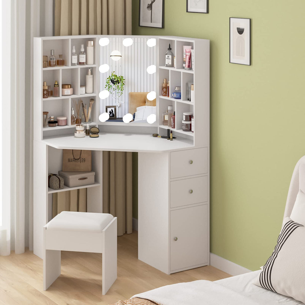 Fameill Corner Makeup Vanity Desk with Lighted Mirror,White Vanity Set with Lights,Large Dressing Tables with Lots Storage for Bedroom,3 Lighting Modes with Adjustable Brightness,46 Inch Fameill