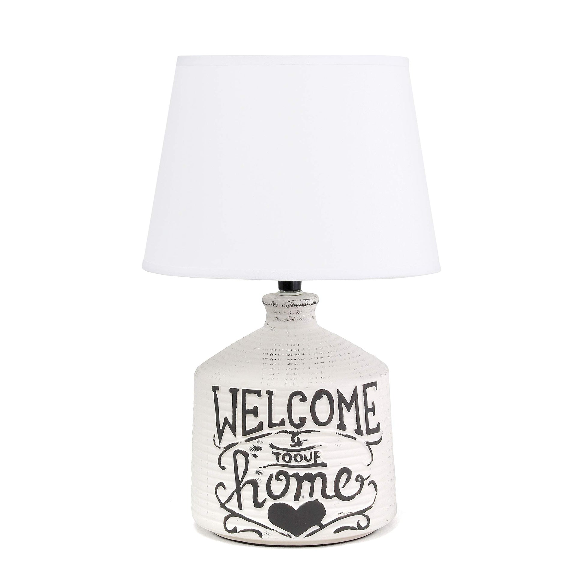 Simple Designs LT1066-HME Welcome Home Rustic Ceramic Farmhouse Foyer Entryway Accent Table Lamp with Fabric Shade - WoodArtSupply