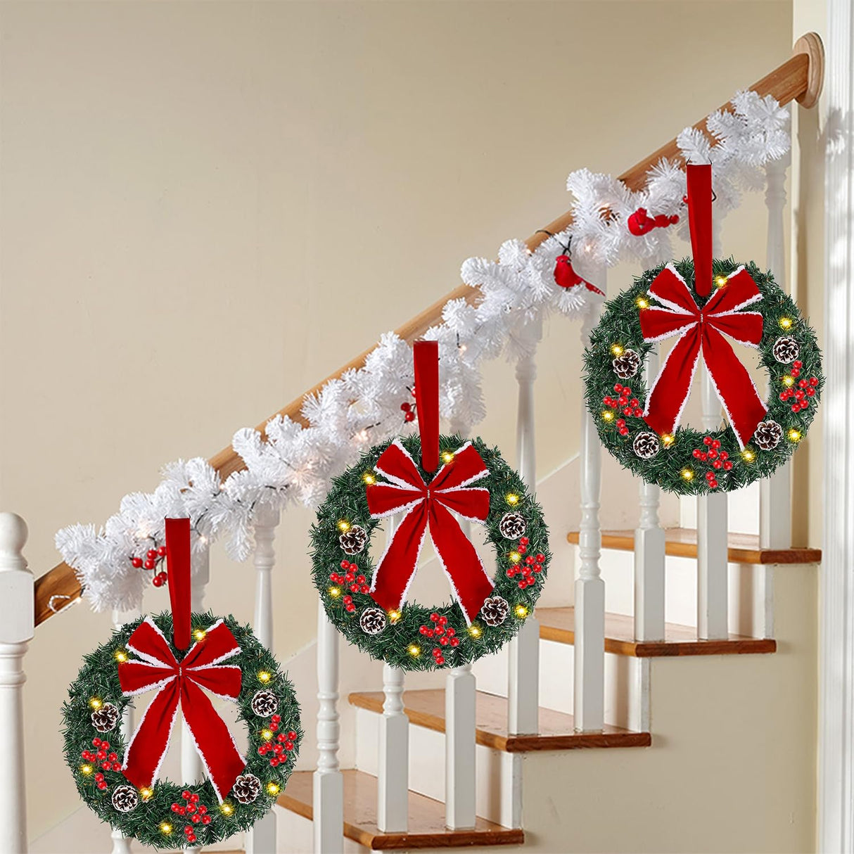 Hausse Set of 3 Christmas Wreaths, Lighted Artificial Christmas Wreath with LED Lights & Large Red Bow Ornaments, 8 Modes & Timer, Battery Operated for Front Door Gate Wall Xmas Party Decorations Hausse