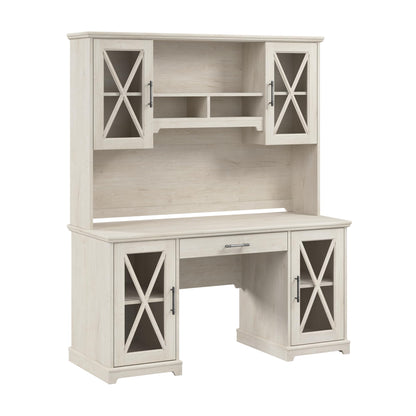 Bush Furniture Lennox Farmhouse Desk with Hutch and Keyboard Tray | Computer Table for Home Office, 60W, Linen White Oak - WoodArtSupply