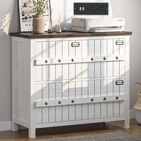 TVU Farmhouse 3 Drawer File Cabinet with Charging Station, Solid Lateral Filing Cabinet for Home Office, Office Organizer for Legal/Letter/A4/Folders File - Beside Desk Printer Stand TVU