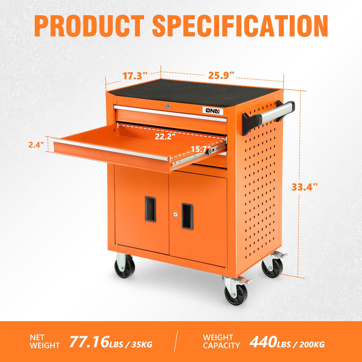DNA MOTORING 3-Drawers Rubber Top Utility Rolling Tool Chest Cabinet with Wheels, Heavy Duty Industrial Service Cart Keyed Locking System, for Garage Warehouse Workshop, Orange, TOOLS-00405 DNA MOTORING