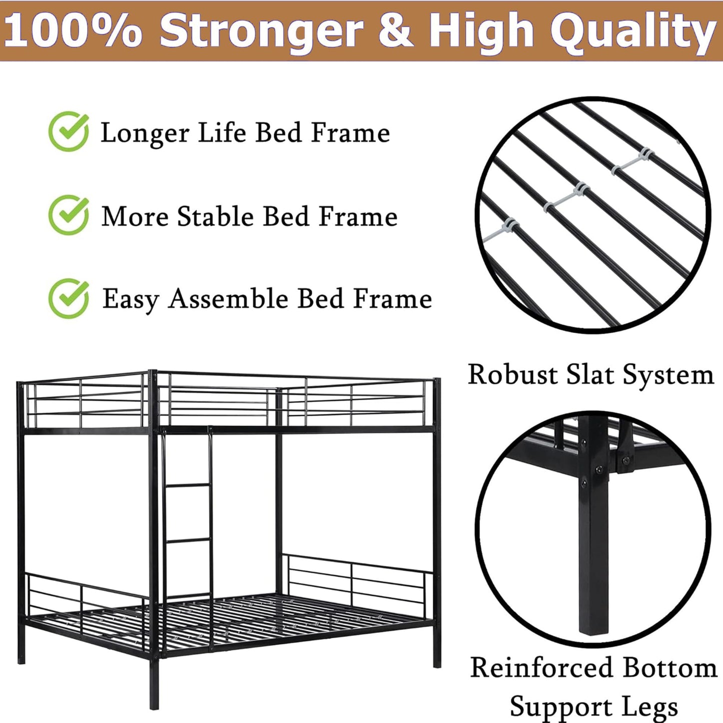 ZMIZAKOY Queen Over Queen Bunk Bed for Kids Adults Teens, Metal Bunk Bed Queen Over Queen Size with Ladder and Full-Length Guardrails and Slats Support for Boys Girls, Space-Saving,Easy Assemble