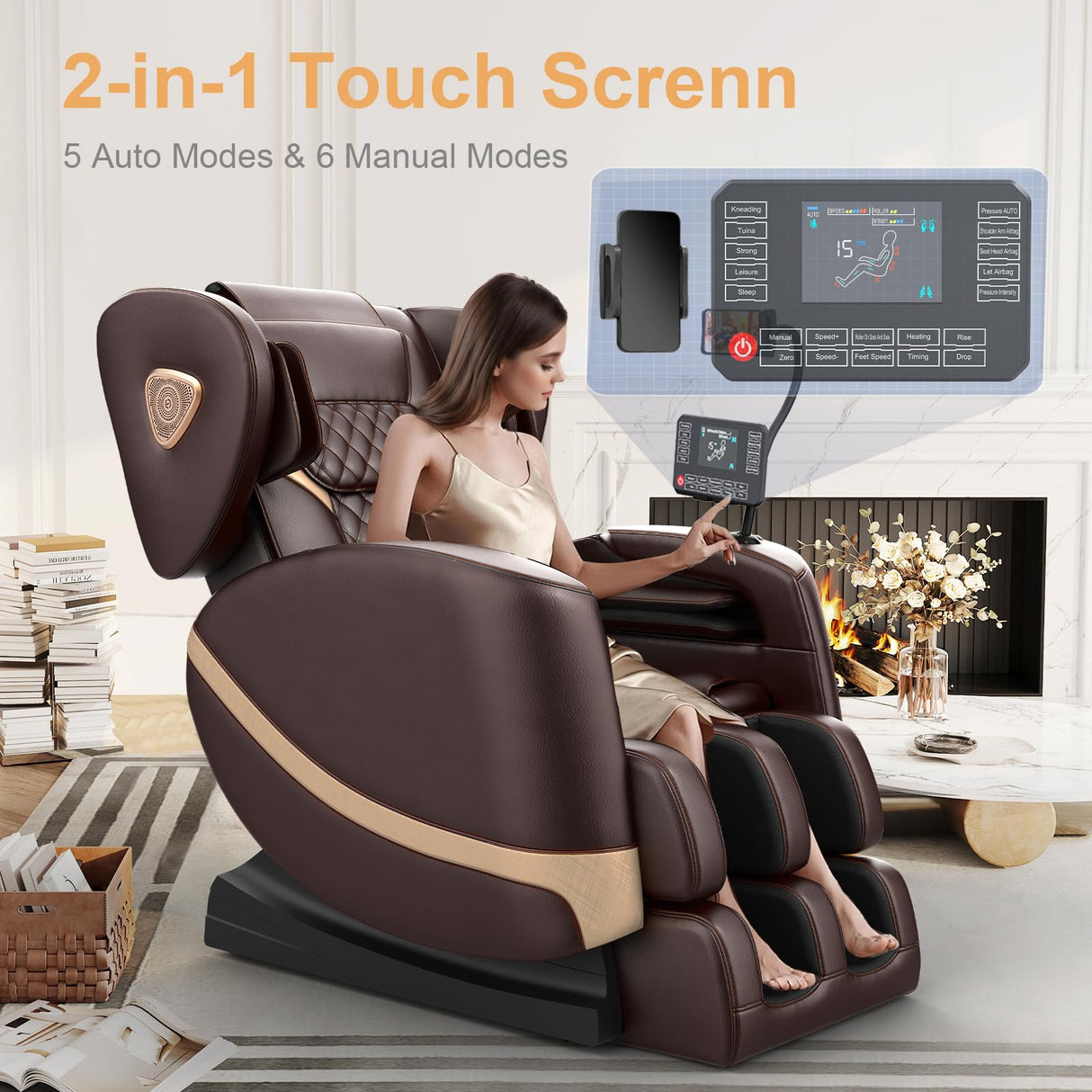 FURNIMAT 2025 Massage Chair Full Body, Zero Gravity Massage Chair with 10 Fix Rollers, Heating, Foot Massage, Auto Modes, Bluetooth Speaker, Touch Screen Controller (Brown Premium) FURNIMAT