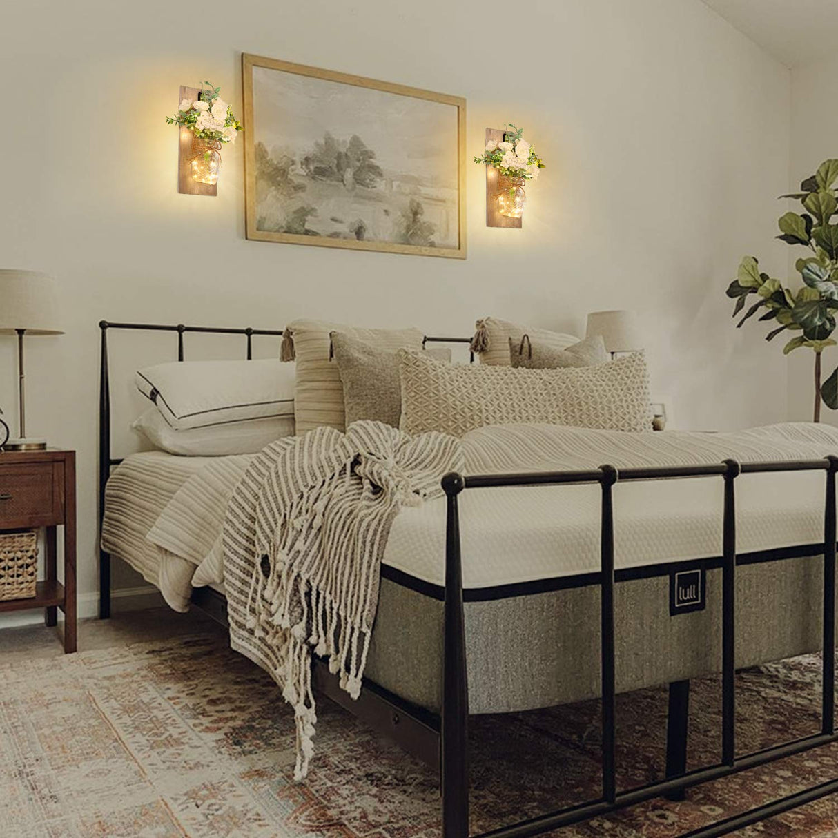 Wall Decor Mason Jar Sconces - Home Decor Wall Art Hanging Design with Remote Control LED Fairy Lights and White Rose, Farmhouse Wall Decorations for Bedroom Living Room Lights Set of Two Homecor