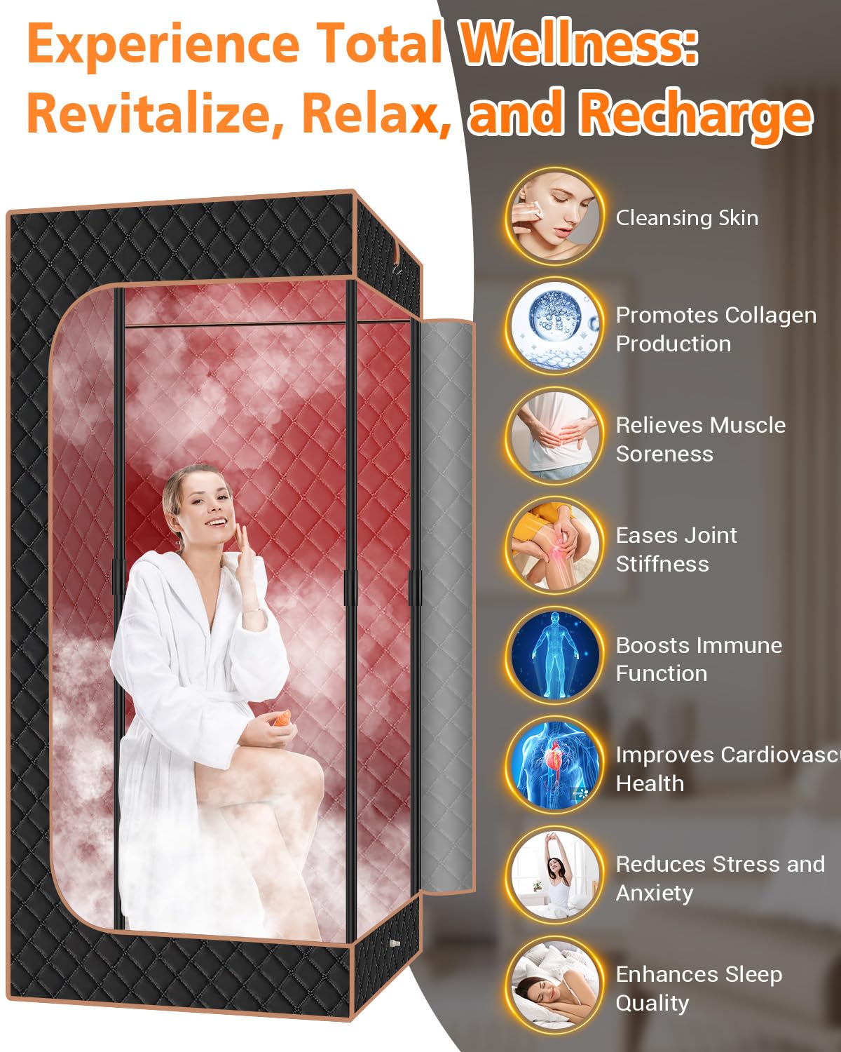 Portable Steam Sauna for Home: Full Body Sauna Box with 3L Steamer, Folding Chair, Home Sauna Tent Even Heating Spa for Women and Men Black & Brown, 35.4" x 35.4" x 70.86" GREENEVER