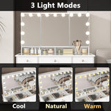 FUFU&GAGA Vanity Desk with Mirror and Bulb Lights, Large Makeup Vanity with Glass Top, Modern Dressing Table with 9 Drawers & Hidden Shelves for Bedroom, White, 43.3”W x 19.7”D x 53.6”H FUFU&GAGA