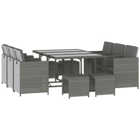 Outsunny 11 Pieces Outdoor Dining Set for 10, Space Saving Wicker Chairs and Glass Table with Cushions and Ottomans, Rattan Conversation Patio Furniture Set for Garden Backyard Deck, Dark Gray Outsunny