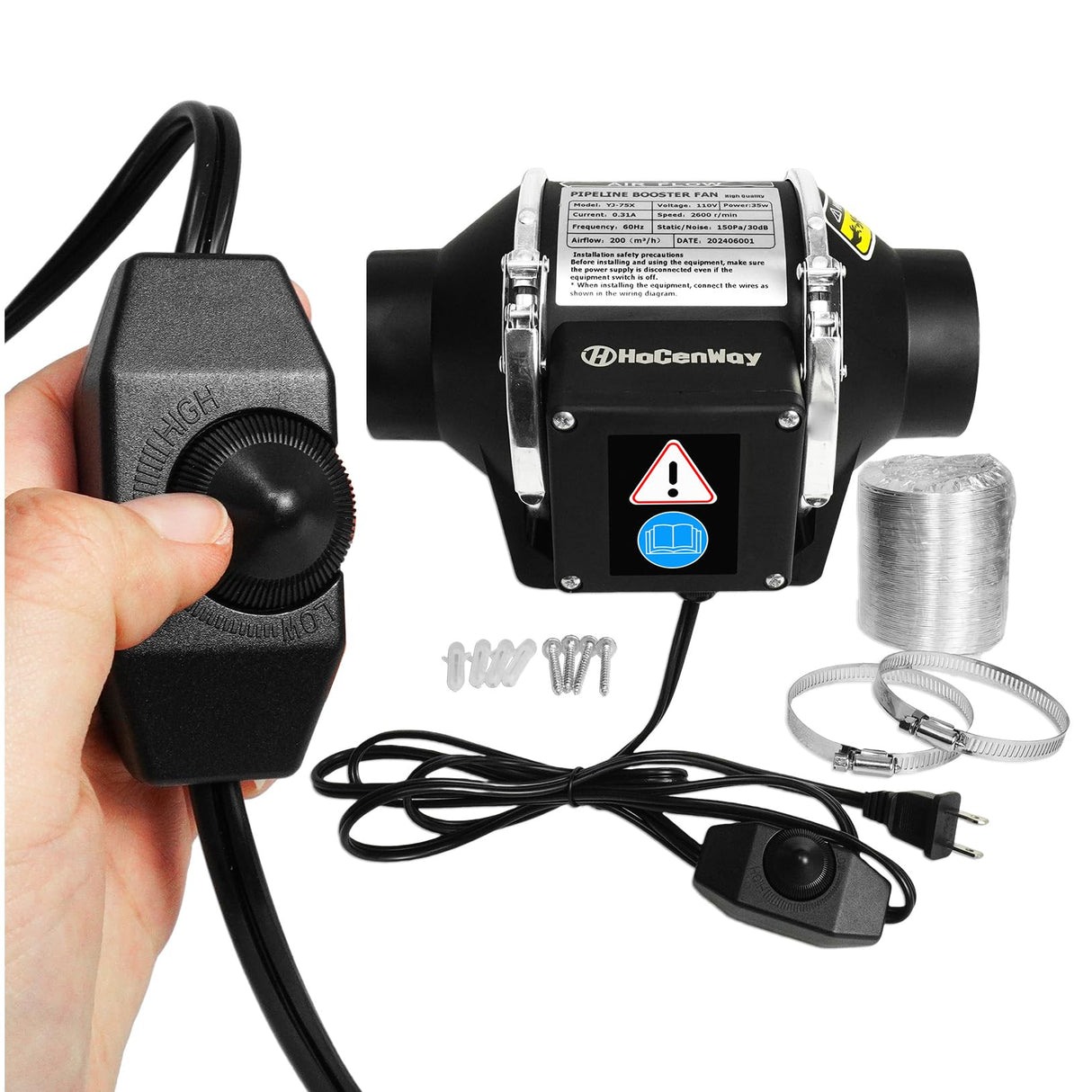 Upgrade Speed Control 3 Inch Inline Booster Duct Fan kit High Flow Greenhouse Ventilation Fan, Low Noise Level for Efficient Smoke&Odor Extraction for 3D Printer, Laser Engraver, Kitchen Bathroom HOCENWAY