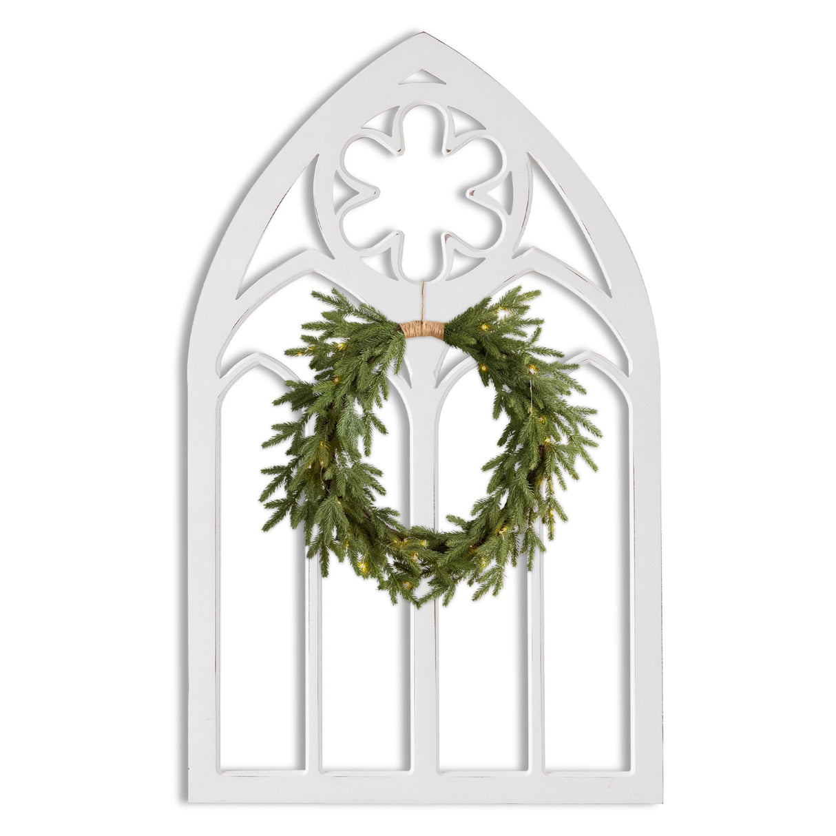 Sintosin Gothic Arched Window Frames for Wall Decor Living Room 20 X 33 Inch, Hanging Distressed White Wooden Farmhouse Window Pane, Rustic Cathedral Window Frame for Halloween Entryway Sintosin