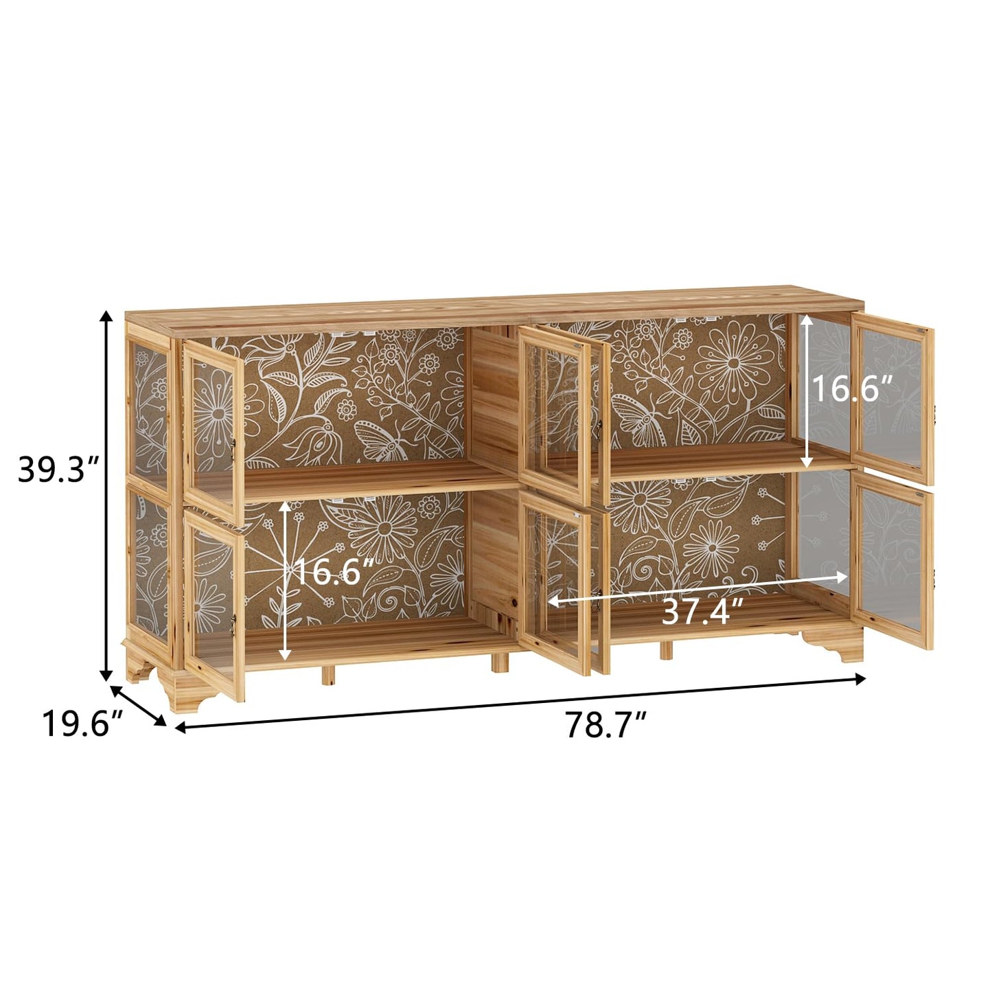 WOODTIME 78.7" W Wooden Sideboard with 8 Glass Doors & Fir Wood Frame, Storage Curio Display Cabinet with Patterned Backpanel, Coffee Bar Cabinet for Living Room Home Office, Brown