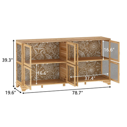 WOODTIME 78.7" W Wooden Sideboard with 8 Glass Doors & Fir Wood Frame, Storage Curio Display Cabinet with Patterned Backpanel, Coffee Bar Cabinet for Living Room Home Office, Brown