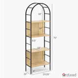 Stead 4-Tiered Arched Book Shelf - Light Oak & Natural Rattan, Metal Frame - Industrial Arched Bookcase & Fluted Bookshelf Stead