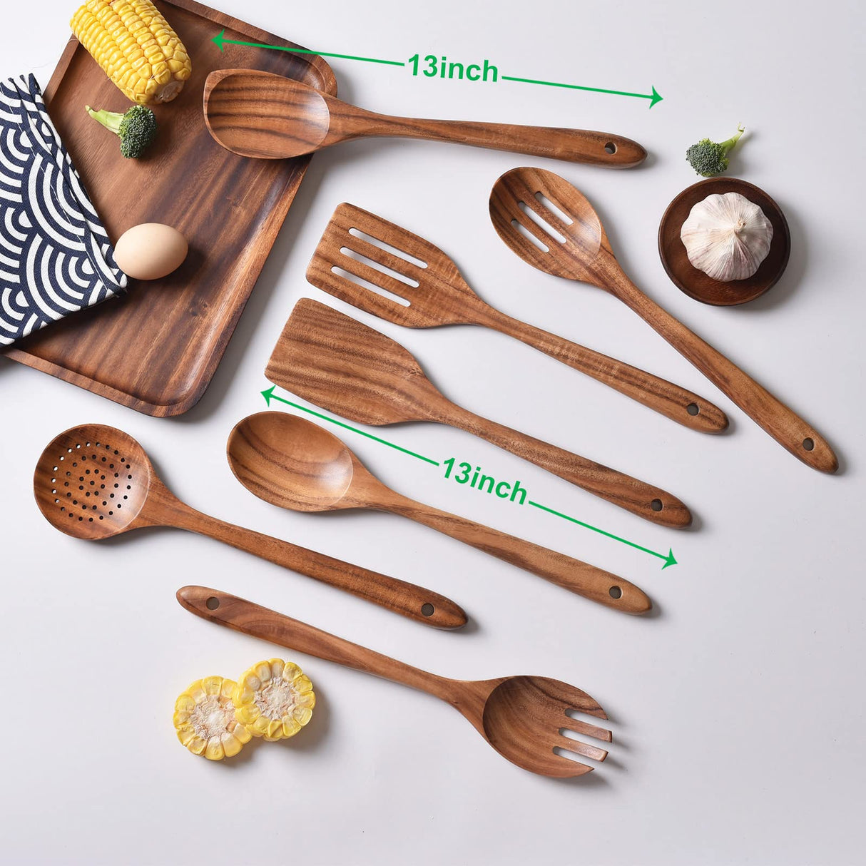 Gudamaye 13 inch Long Wooden Utensils for Cooking, Long Handle Wooden Spoons for Cooking, 7 PCES Crafting Wooden Spoon Set, Wooden Kitchen Utensil set, Natural Teak Wooden utensil Set Gudamaye