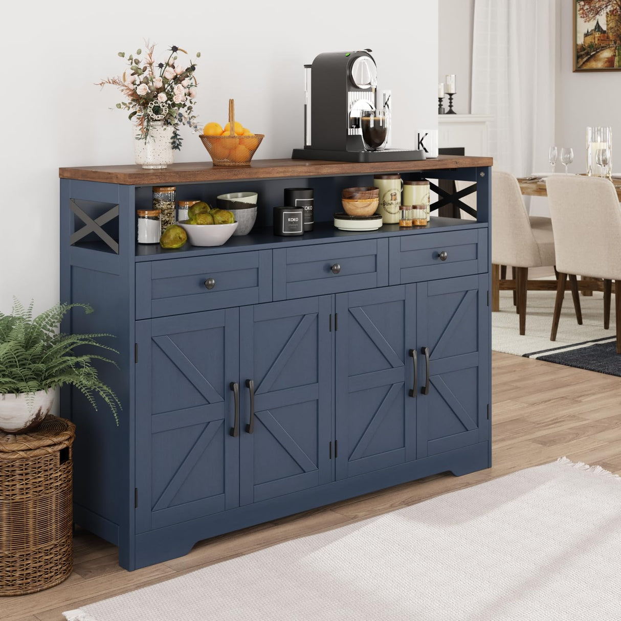Befrases Farmhouse Buffet Cabinet with Drawers & Open Shelf, Sideboard with Storage, Kitchen Pantry Cabinet Hutch, Coffee Bar Station for Kitchen, Livingroom, 52" L Blue Befrases