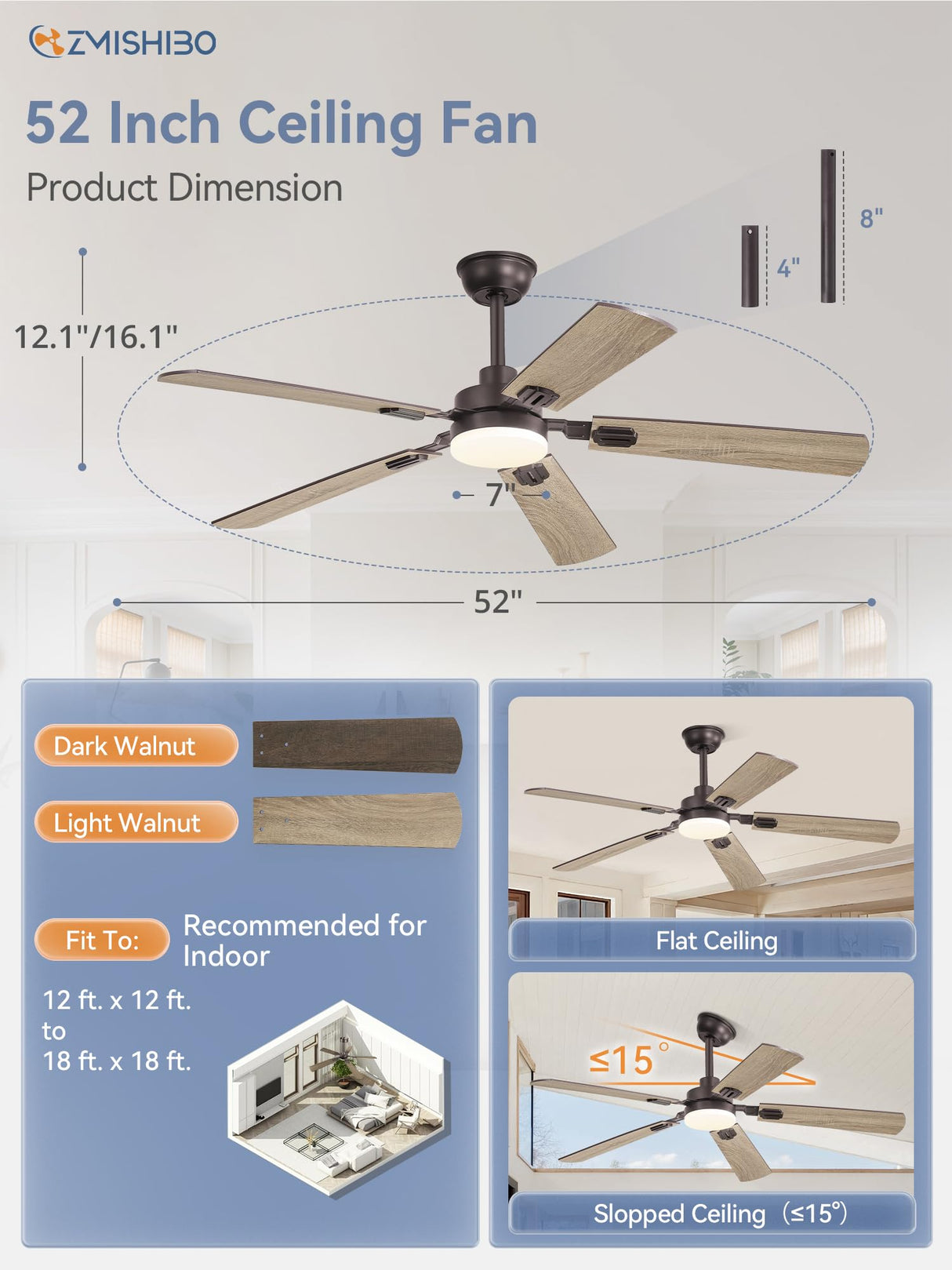 ZMISHIBO 52" Ceiling Fans with Lights, Oil Bronze Farmhouse Ceiling Fan with Remote, Rustic Indoor Ceiling Fan with Dual Finish Blades, Quiet & Strong Motor, Bright LED Light. ZMISHIBO