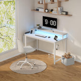 Lufeiya White Computer Desk with LED Lights and Power Outlets, 40 Inch Home Office Desks with Monitor Stand, Teen Writing Study Table Gaming Desk with Charging Station, White Lufeiya