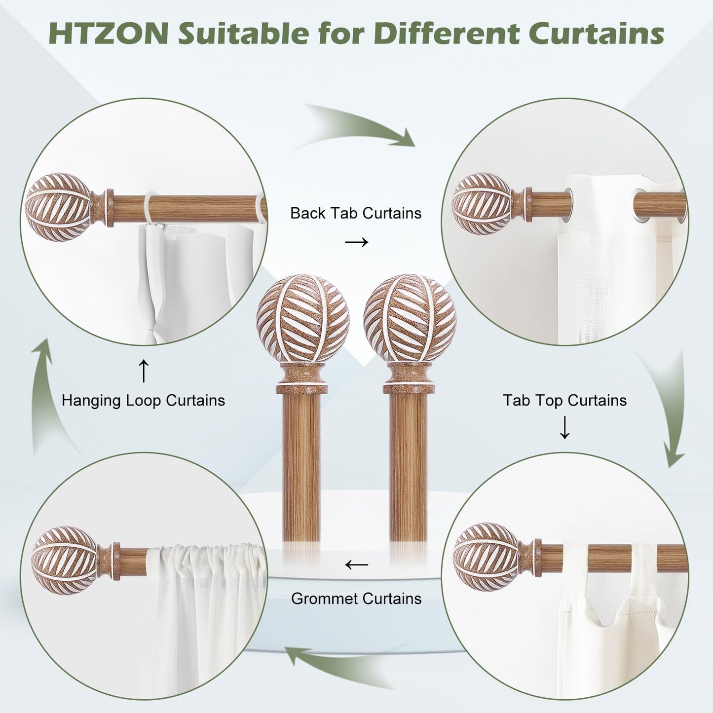 HTZON 2 Pack Wood Curtain Rods 28 to 48 Inch,1 Inch Boho Adjustable Curtain Rod,Imitation Wood Grain Leaf Window Curtains Rods,Farmhouse Rustic Heavy Duty Curtain Rods,Brown Drapery Rods Set 18-45"