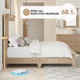 YUMPIE Queen Rustic Solid Wood Bed Frame With 68" Tall Headboard, Farmhouse Chenille Upholstered Panel Platform Bed Mattress Frame, Button Tufted/Antique Brass Nail Trim/No Box Spring Needed, Milk Ash YUMPIE