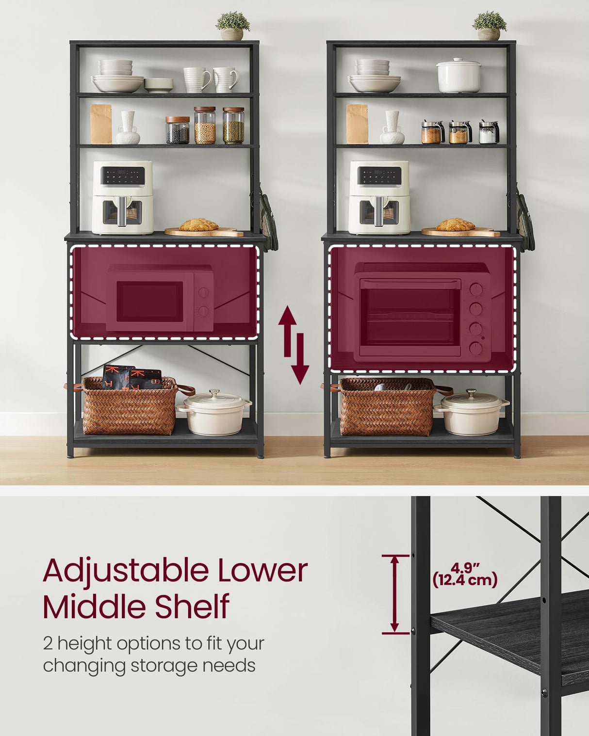 VASAGLE Coffee Bar, 31.5 Inches Baker's Rack for Kitchen with Storage, 6-Tier Kitchen Shelves with 6 Hooks, Microwave Stand, Industrial, Charcoal Gray and Black UKKS019B22 VASAGLE