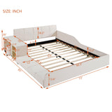 Merax Queens Size Velvet Bed Frames Upholstered Grounded Bed, Wooden Mother & Child Bed with Bedside Desk and Little Round Stool,Kids Adults Bedroom Floor Platform Bed,Beige Merax