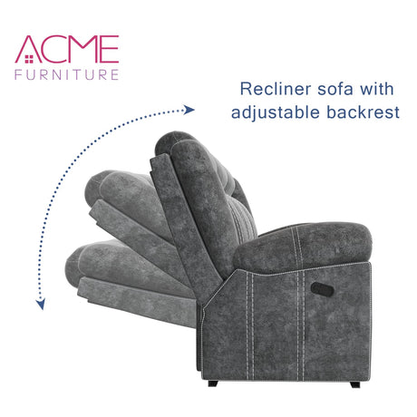 Acme Furniture Zubaida 41" x 87" Modern Velvet Reclining Sofa with USB Dock, 1 Storage Drawer, Tight Back & Seat Cushion, in 2-Tone Gray Finish Acme