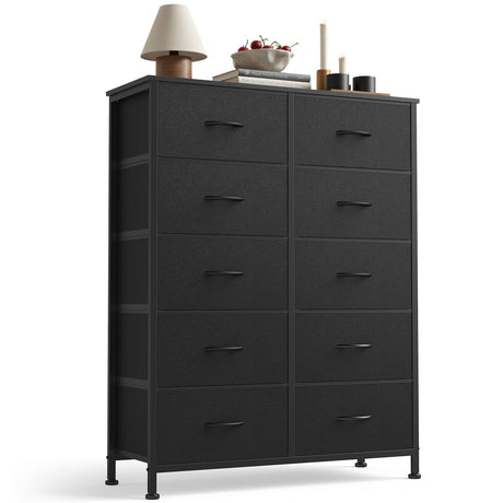 Sweetcrispy 10 Drawer Fabric Dresser Storage Tower with Bins, Tall Chest Organizer for Bedroom Closet Hallway, Steel Frame Wood Top Easy Pull Handles,Black Sweetcrispy