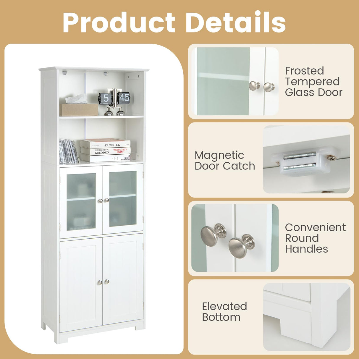 COSTWAY 64” Tall Freestanding Bathroom Storage Cabinet with Glass Doors and Adjustable Shelves in White COSTWAY