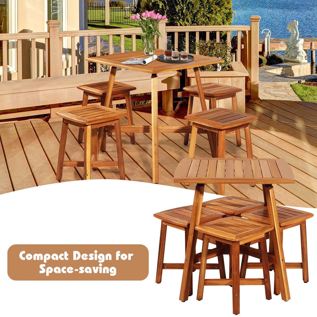 HAPPYGRILL 5 Pieces Wooden Patio Dining Set, Outdoor Acacia Wood Dining Furniture Set with 4 Stools, Wood Table and Armless Chairs for Garden Porch Backyard Balcony Poolside HAPPYGRILL