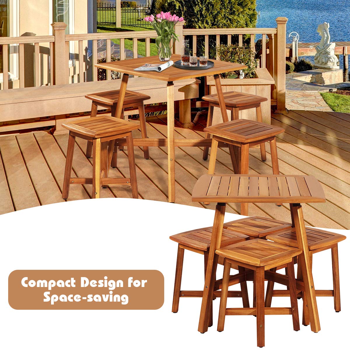 HAPPYGRILL 5 Pieces Wooden Patio Dining Set, Outdoor Acacia Wood Dining Furniture Set with 4 Stools, Wood Table and Armless Chairs for Garden Porch Backyard Balcony Poolside