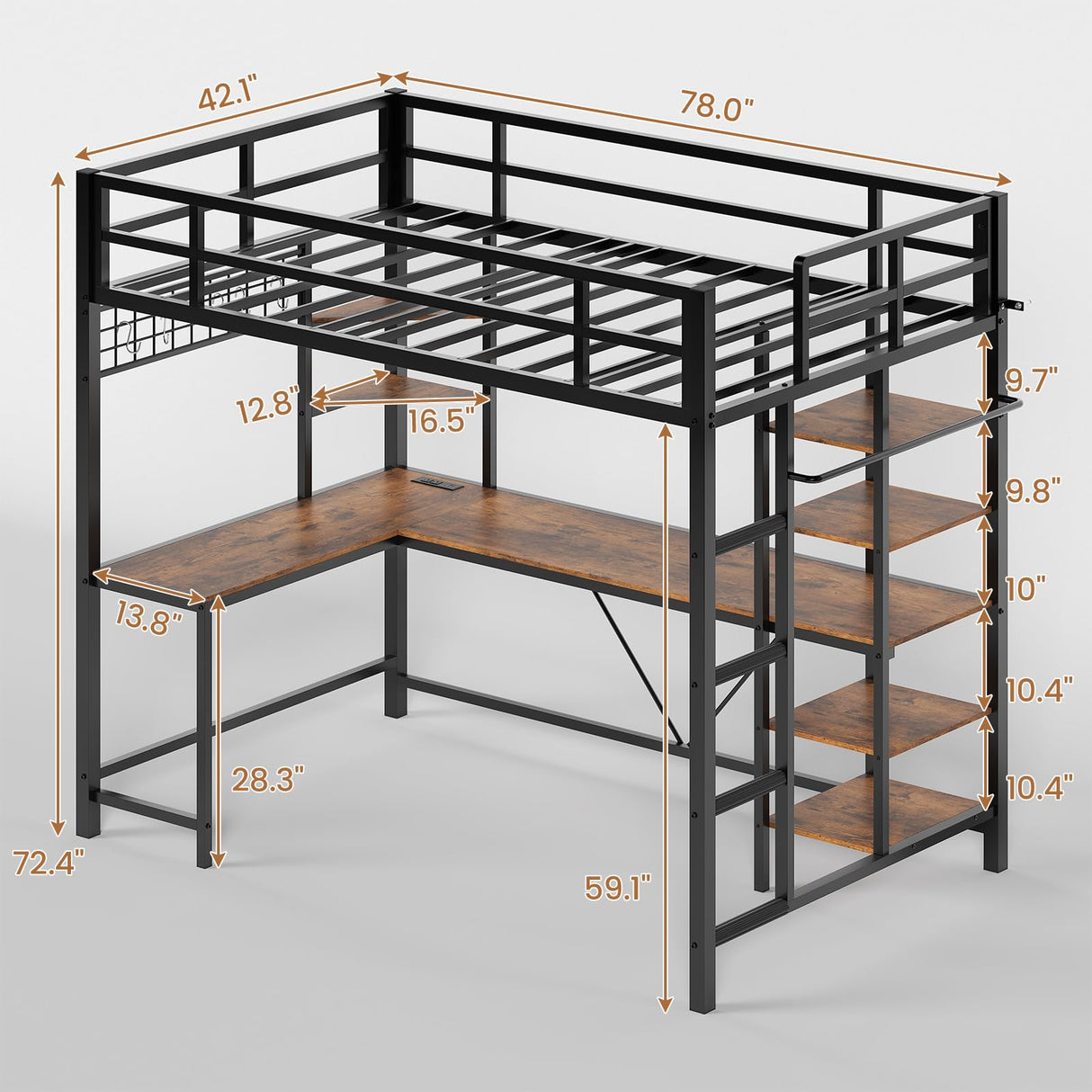 VIAGDO Loft Bed with Desk with Charging Station & LED Lights, Loft Bed Twin Size with Storage Shelves,Clothing Rail, Metal Twin Loft Bed with Safety Guard & Ladder, No Box Spring Needed (Black) VIAGDO