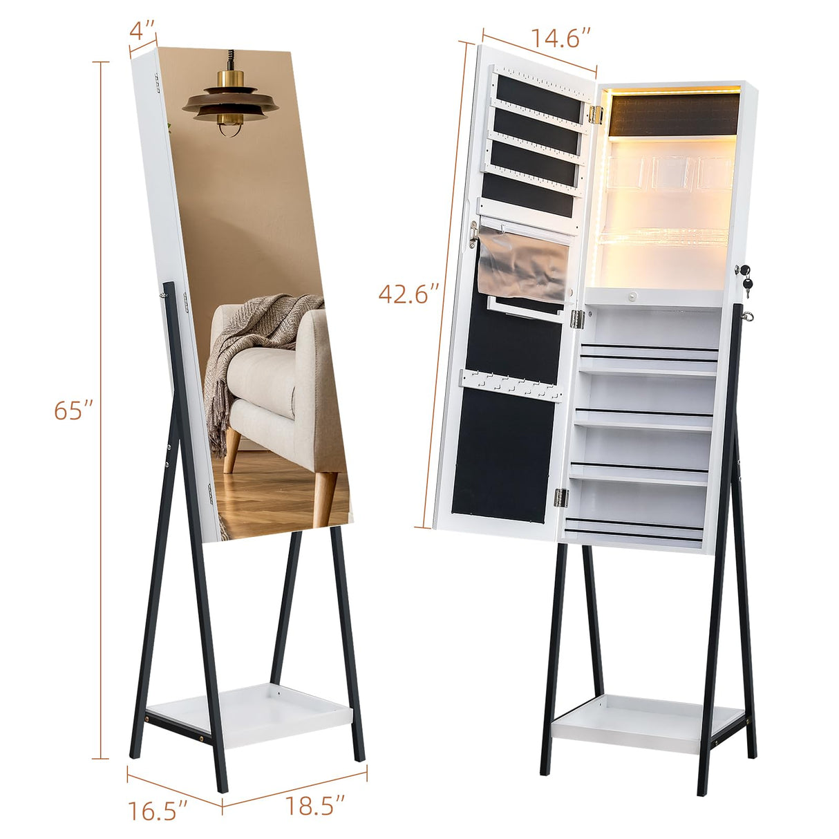 Bonnlo Jewelry Cabinet Full-Length Mirror, Lockable Jewelry Armoire with LED Light, Freestanding Jewelry Box, Large Capacity Organizer with Cosmetic Storage Shelves Bonnlo