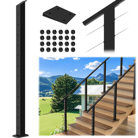 Gyykzz Stair Cable Railing Post 42" Slant Fixed Top 33 Drilled with Cable Grommets, Stainless Steel Black Stair Deck Post with 5-Degree Spacers Fit for 28-38 Degrees Stairway Gyykzz