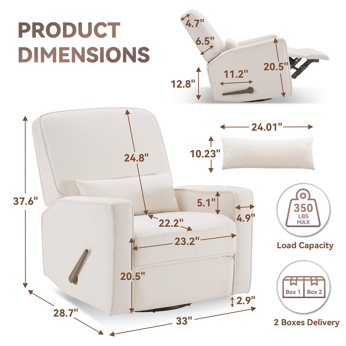 Tbfit Nursery Rocking Chair, 360° Swivel Glider Recliner with Lumbar Support, Comfy Upholstered Armchair with Pillows & Footrest for Living Room & Bedroom (Handle Switch, Beige) Tbfit
