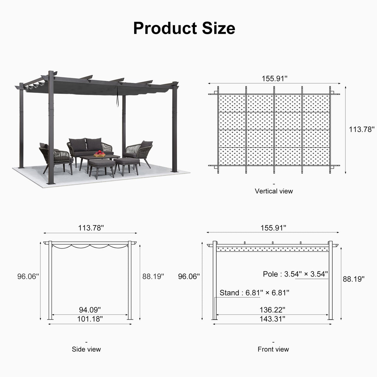 PURPLE LEAF 10' X 13' Outdoor Retractable Pergola with Sun Shade Canopy Patio Metal Shelter for Porch Garden Beach Pavilion Grill Gazebo Modern Yard Grape Trellis Pergola, Gray PURPLE LEAF