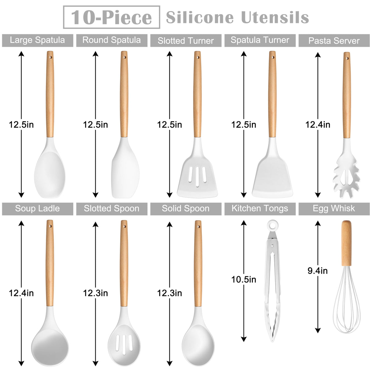 E-far Silicone Cooking Utensils Set, 446℉ Heat Resistant 10PCS Kitchen Utensils Set with Wooden Handle for Nonstick Cookware, Kitchen Tools Spatula Whisk Tongs Ladle, Non-toxic & Healthy, White E-far
