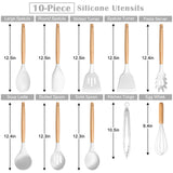 E-far Silicone Cooking Utensils Set, 446℉ Heat Resistant 10PCS Kitchen Utensils Set with Wooden Handle for Nonstick Cookware, Kitchen Tools Spatula Whisk Tongs Ladle, Non-toxic & Healthy, White E-far