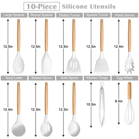 E-far Silicone Cooking Utensils Set, 446℉ Heat Resistant 10PCS Kitchen Utensils Set with Wooden Handle for Nonstick Cookware, Kitchen Tools Spatula Whisk Tongs Ladle, Non-toxic & Healthy, White E-far