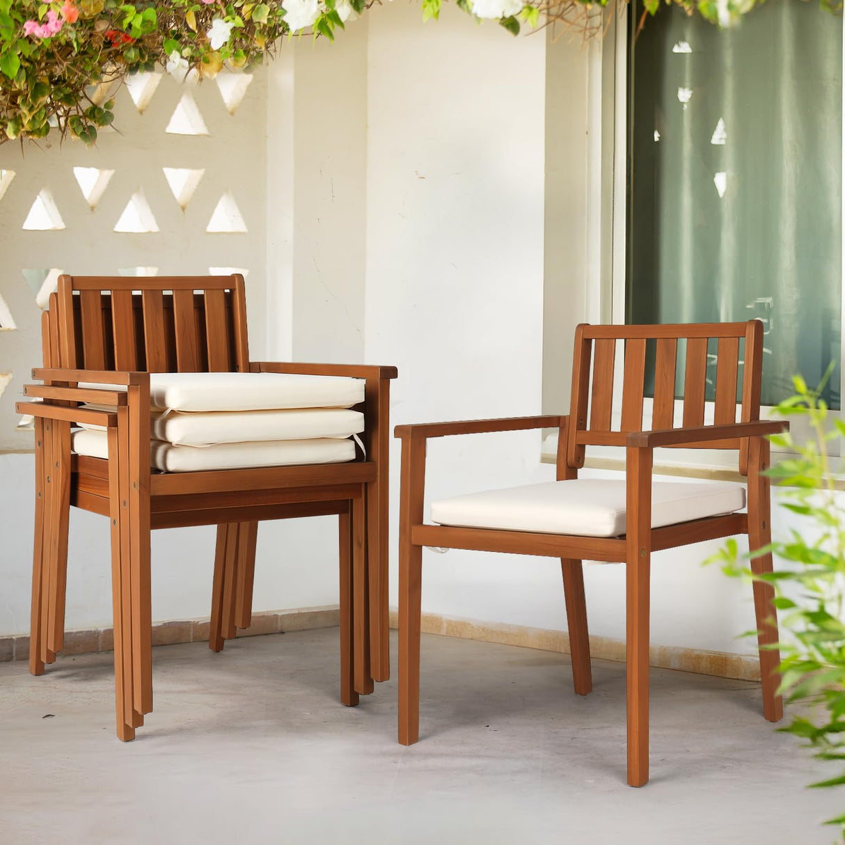 VINGLI Stackable Wooden Patio Dining Chairs – Set of 4, Durable Acacia Wood Outdoor Dining Chairs with Cushions and Comfortable Armrests – Perfect for Porch, Garden, Balcony, Pool, and Indoor VINGLI