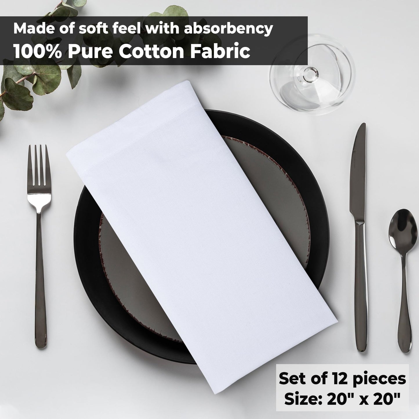 Urban Villa (Set of 12, 20x20 Inches) White Cloth Napkins, 100% Cotton Dinner Napkins, Reusable, Washable Everyday Use Oversized Cloth Napkins with Mitered Corners, Hemmed Dinner Napkins