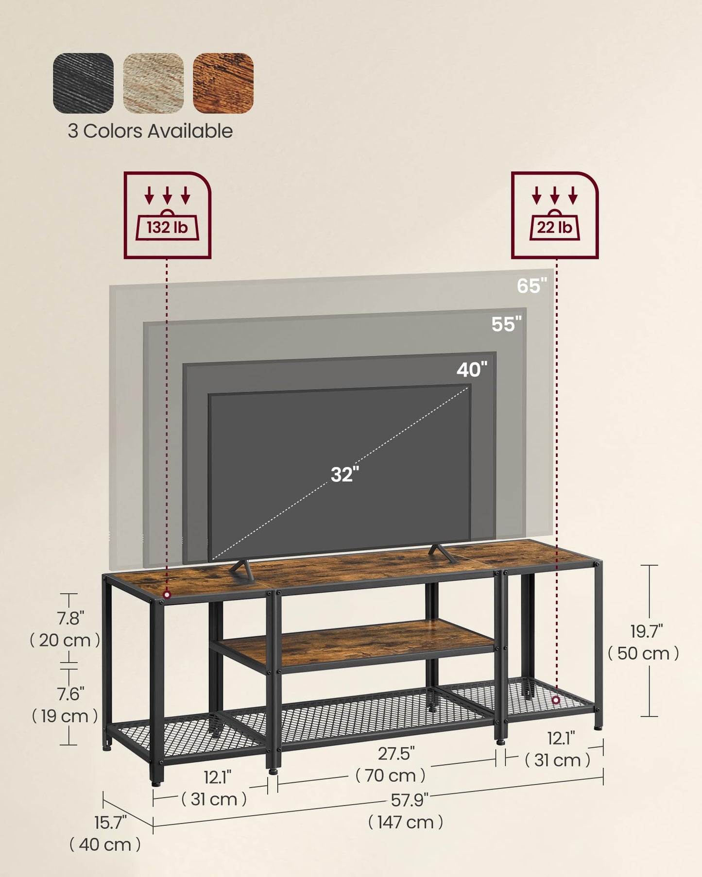 VASAGLE Modern TV Stand for TVs up to 65 Inches, 3-Tier Entertainment Center, Industrial TV Console Table with Open Storage Shelves, for Living Room, Bedroom, Rustic Brown and Black ULTV097B01