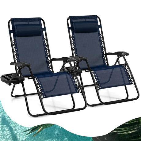 Goplus Zero Gravity Lounge Chairs, 160°Adjustable Folding Recliner w/Pillow and Cup Holder, 350LBS Comfy Outdoor Lounge Chairs for Patio, Lawn, Yard & Camp(Set of 2, Navy) Goplus