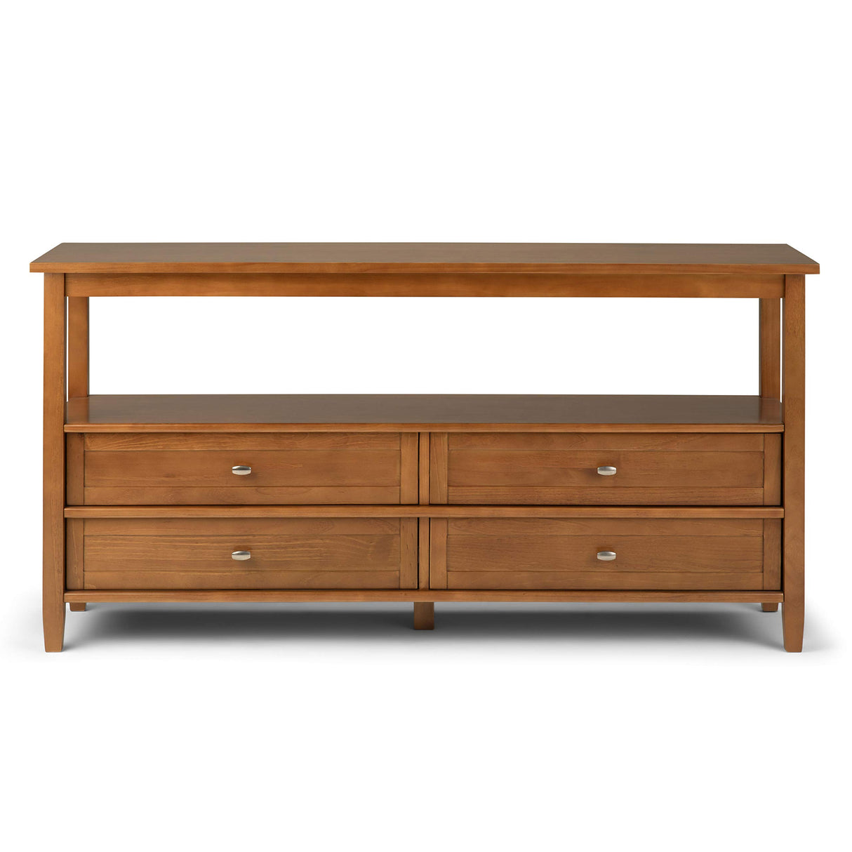 SIMPLIHOME Warm Shaker SOLID WOOD 60 inch Wide Wide Console Sofa Entryway Table in Light Golden Brown with Storage, 4 Drawers and 1 Shelf, for the Living Room, Entryway and Bedroom SIMPLIHOME