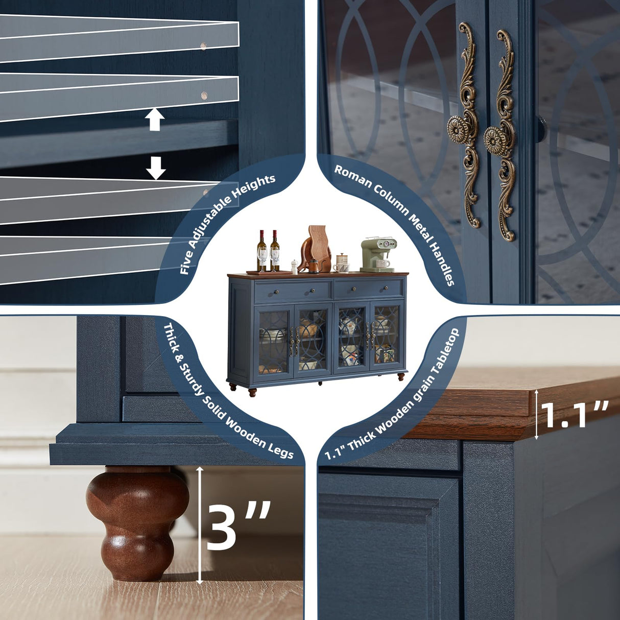 Joaxswe Farmhouse Sideboard Buffet Cabinet with Storage,59" Large Credenza with 4 Glass Doors & 2 Drawers,Adjustable Shelves Console Table,Wood Kitchen Coffee Bar for Dining Room,Living Room,Navy Blue Joaxswe