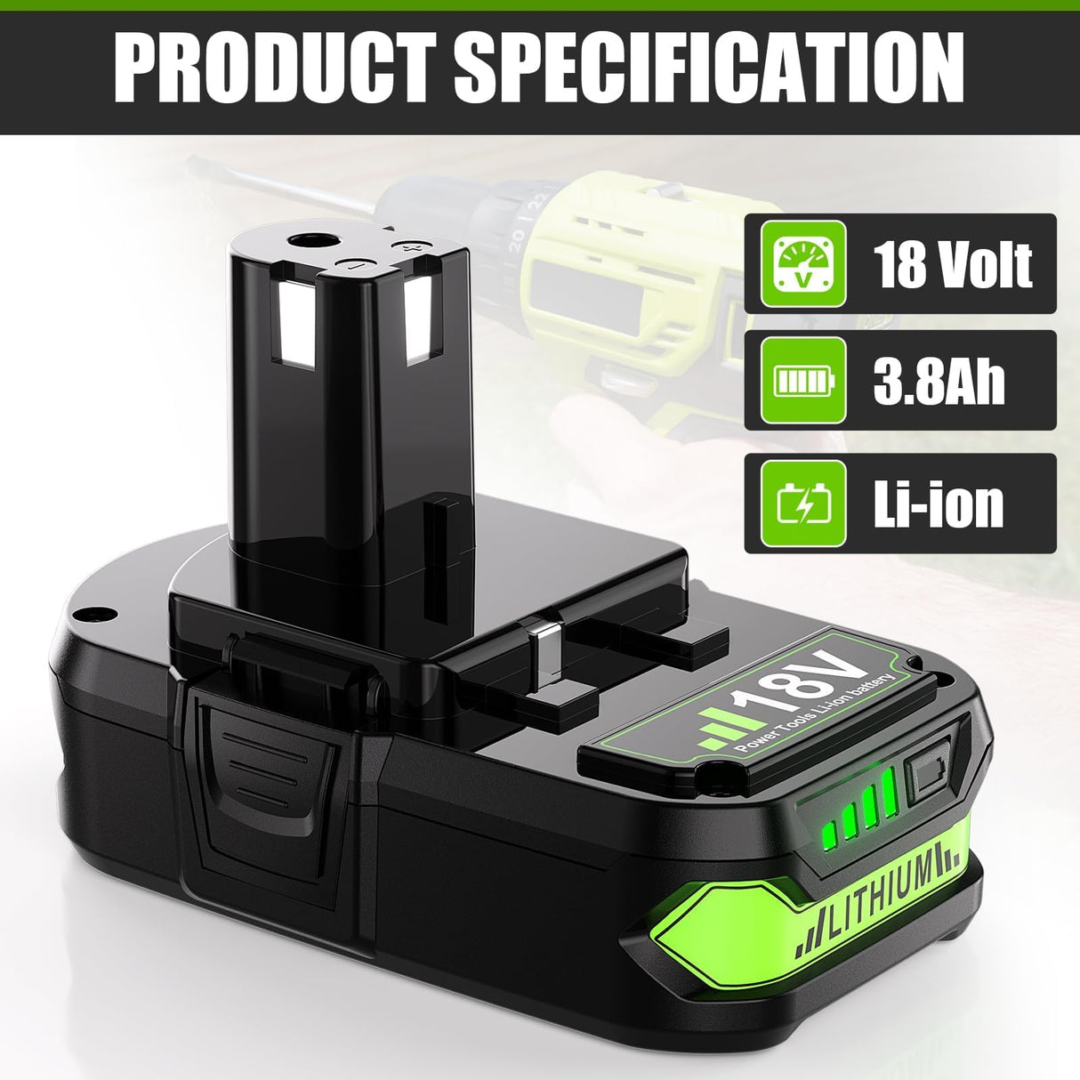 Upgraded 3.8Ah Replacement for Ryobi 18V Battery Lithium and Charger Compatible with Ryobi 18 Volt Battery ONE+ Plus P102 P103 P104 P105 P107 P108 P109 Cordless Tools TURPOW