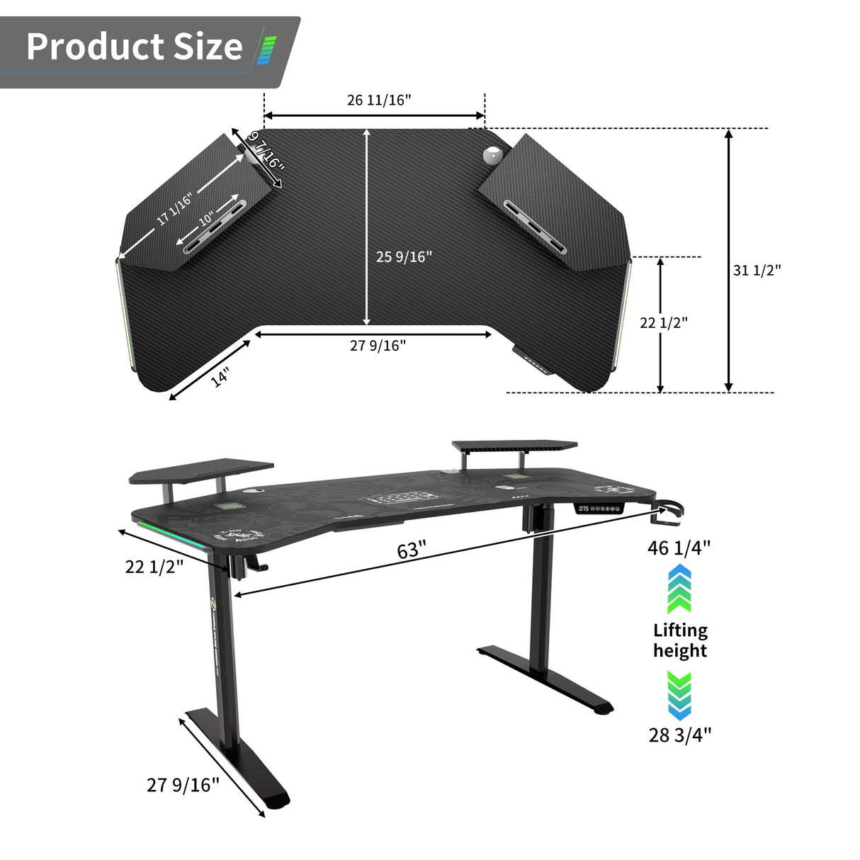 Klobel 63" Standing Gaming Desk with Dual Motor, Wing-Shaped Computer Desk with Full Coverage Mouse Pad, Electric Height Adjustable Standing Desk with RGB LED Lights and Slot Design Shelves Klobel
