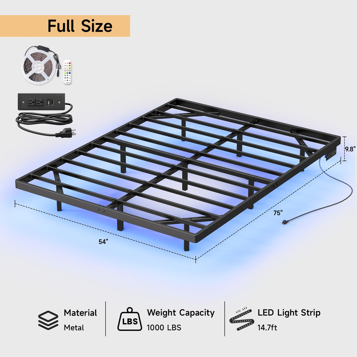 ONBRILL Full Size Floating Bed Frame with Smart LED Lights & USB Charging Station - Heavy Duty Metal Design, Easy Assembly, Noise-Free ONBRILL